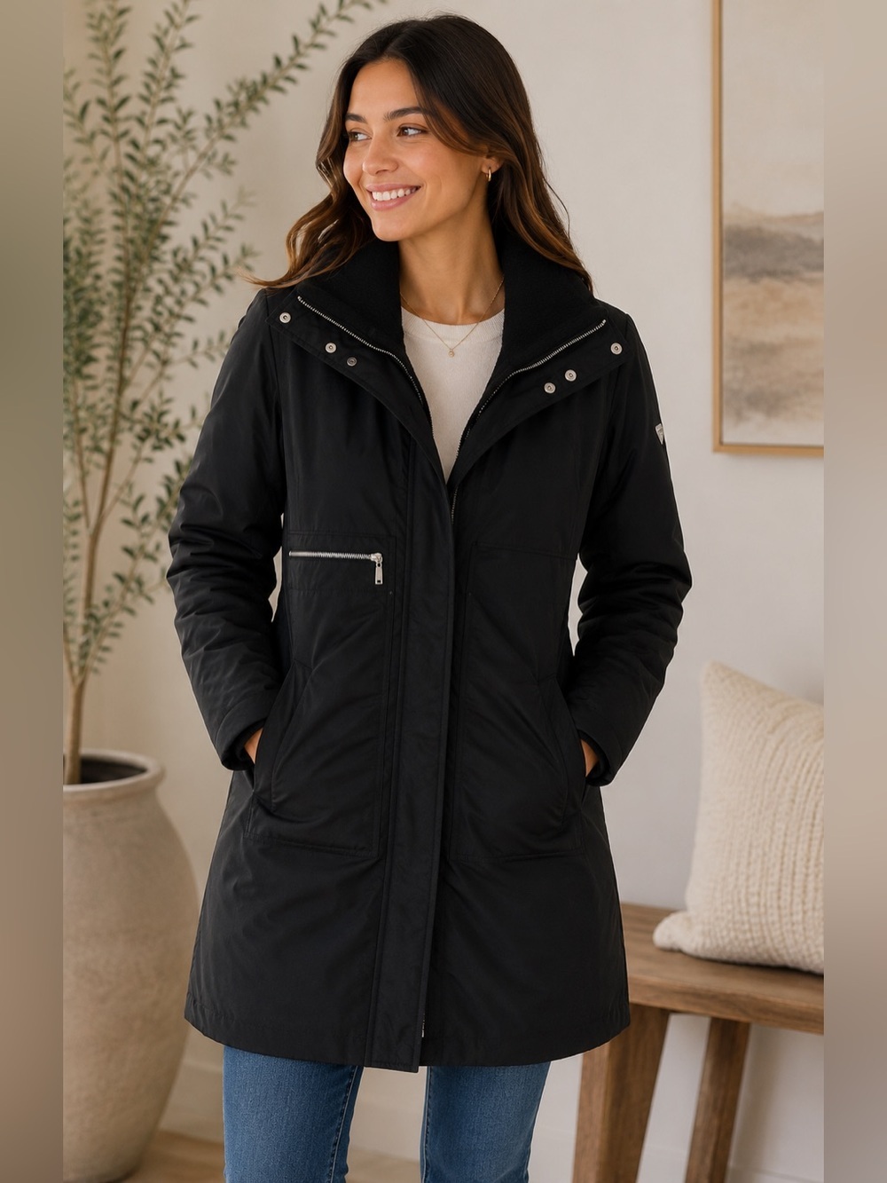 Post Card Women’s Black Mid-Length Coat Jacket Hidden Hood Size 6